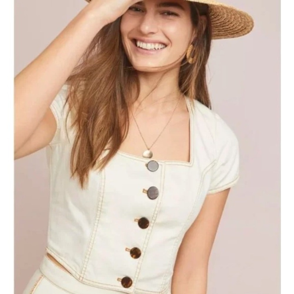 Maeve Anthropologie Parkland Square Neck denim Crop Top Cream Size 2